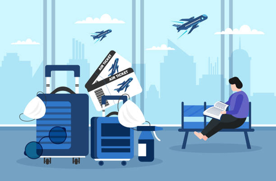 Vector flat illustration of empty waiting lounge or departure hall with tourist luggage and plane taking off on background. Airport terminal interior. Time to travel concept